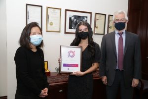 (L-R): Dr. Sharon Keh, Melody Kordnaij, and College President Dr. David A. Heath.