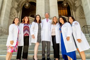 UEC Clinical Service Chiefs (L-R): Dr. Amy Steinway, ’15, Assistant Chief, Primary Care; Dr. Deborah Amster, Section Chief, Pediatrics; Dr. Jennifer Gould, Chief, Advanced Care; Dr. Michael McGovern, ’97, Chief Medical Officer, University Eye Center; Dr. Eva Duchnowski, Section Chief, Contact Lens; Dr. Daniella Rutner,’02, Chief, Vision Rehabilitation; Dr. Diane Calderon-Villanueva, Chief, Primary Care.