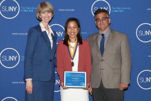 SUNY Chancellor Kristina Johnson, Jennifer Nguyen, Assistant Vice President for Student Affairs Vito Cavallaro