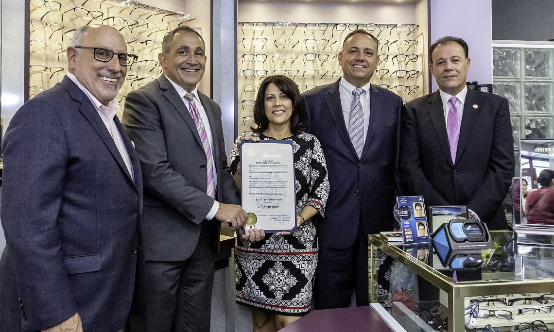 Assemblyman Michael Benedetto (left) and Councilman Mark Gjonaj (right) present a proclamation to Dr. Evan Kaplan, Dr. Annette Contento and Dr. A.J. Contento for their 25 years of service to Bronxites. 