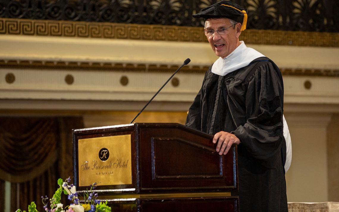 Essilor chairman Hubert Sagnières delivers the 2019 SUNY Optometry commencement address, The Roosevelt Hotel, May 23, 2019