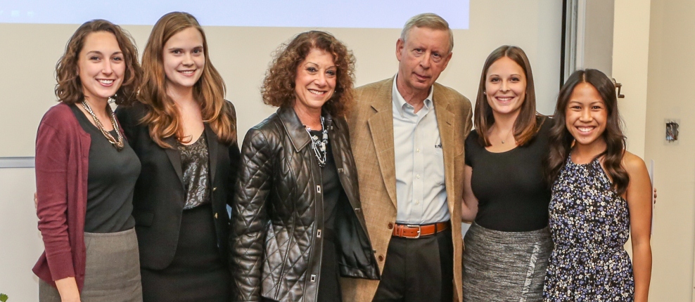 Dr. & Mrs. Ronald Millman (center) with 2015 Dr. Nathan and Laura Millman Scholarship recipients Dr. Meredith Stallone '18, Dr. Emily Freeman '18, Dr. Sarah Gleason '18 and Dr. Jennifer Nguyen '18