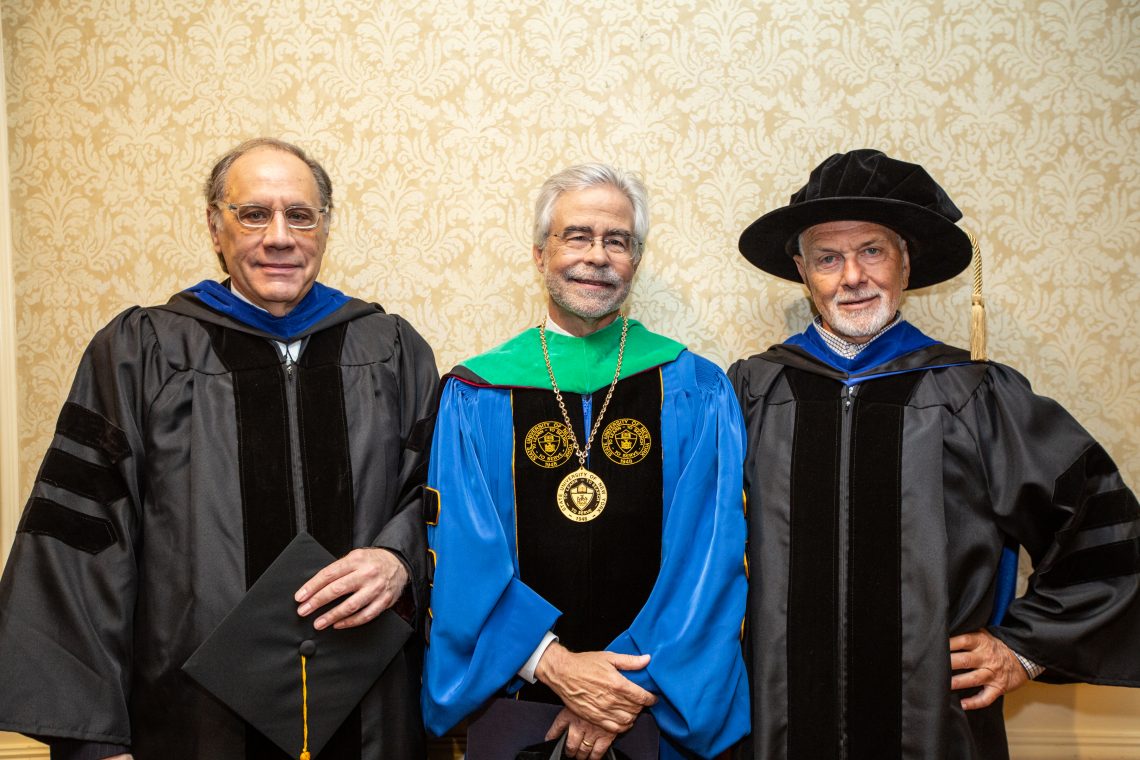 SUNY Optometry 2019 Presidential Medallion recipients Dr. Kenneth Ciuffreda and Dr. Philip Kruger with College president David A. Heath, The Roosevelt Hotel, Manhattan, May 23, 2019